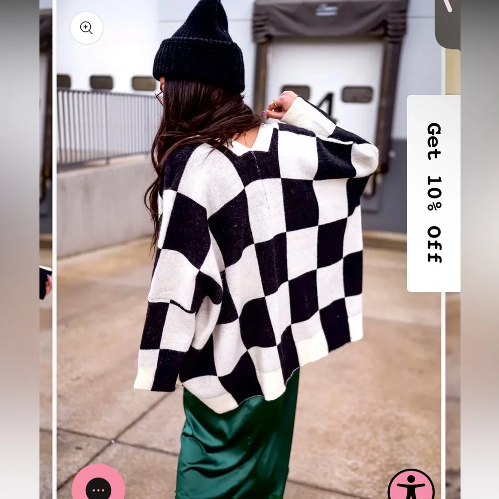 Dressed in LALA Love You Oversized Checkerboard Cardigan Black White Size L/XL - Picture 2 of 3